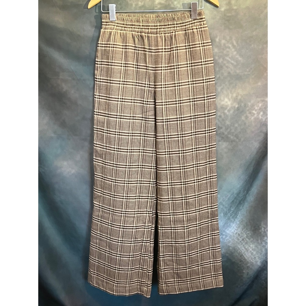 Nia Women Plaid Wide Leg Pants High Rise Elastic Waist‎ Casual Trouser